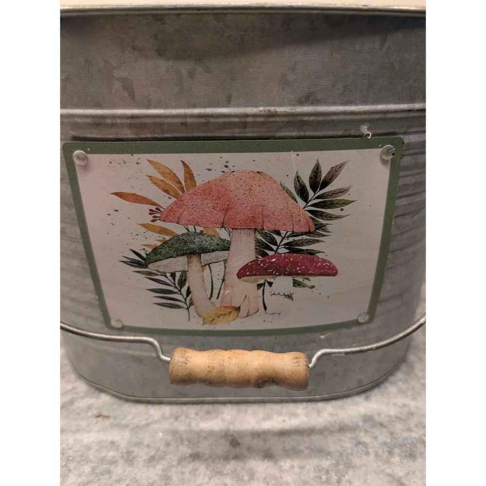 Mushroom Metal Bucket With Wooden Handle Kitschy 8